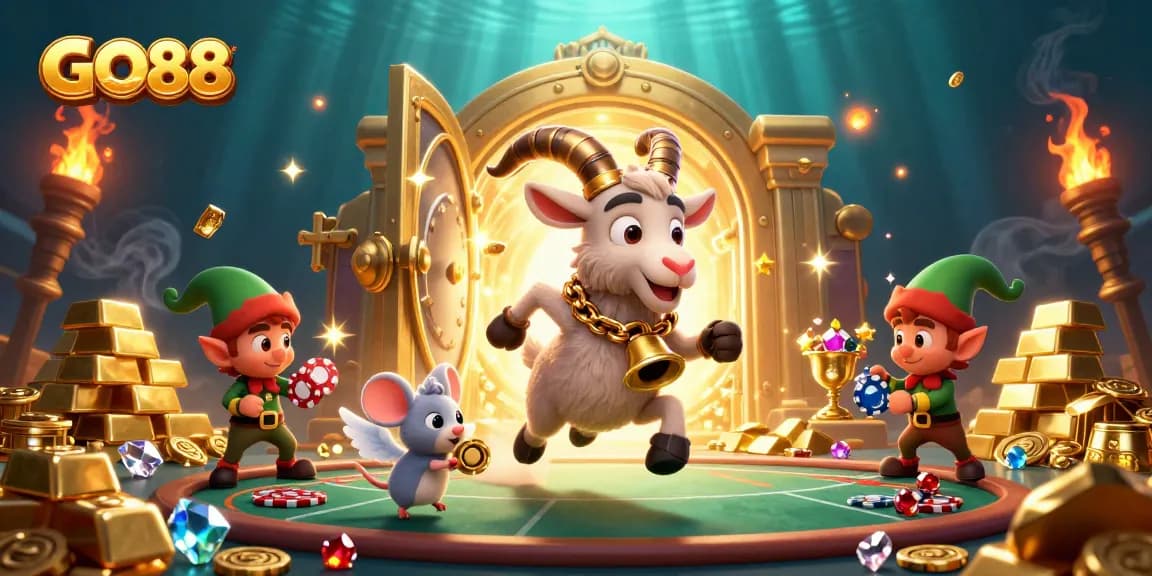 Join the excitement at GO88 with whimsical characters amidst a vibrant casino scene.