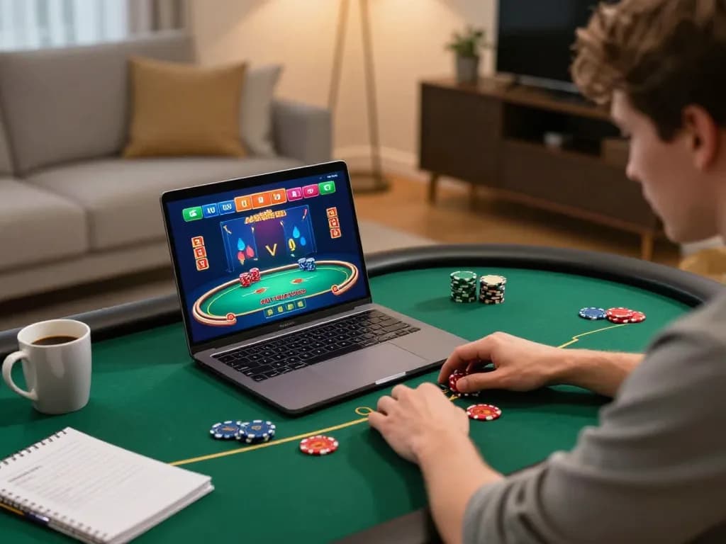 Kuwin player engaged in strategic online gambling with a laptop, showcasing poker gameplay
