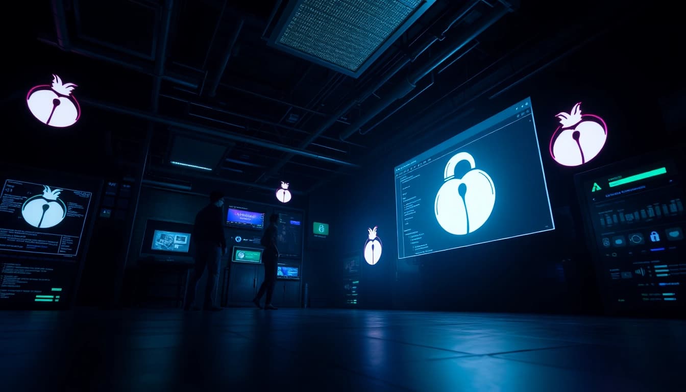 A virtual dark web scene highlighting hidden wiki elements with onion icons and security symbols.