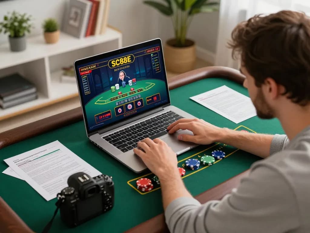 Player engaging with SC88E's live dealer blackjack game, showcasing strategic betting and home gaming ambiance.