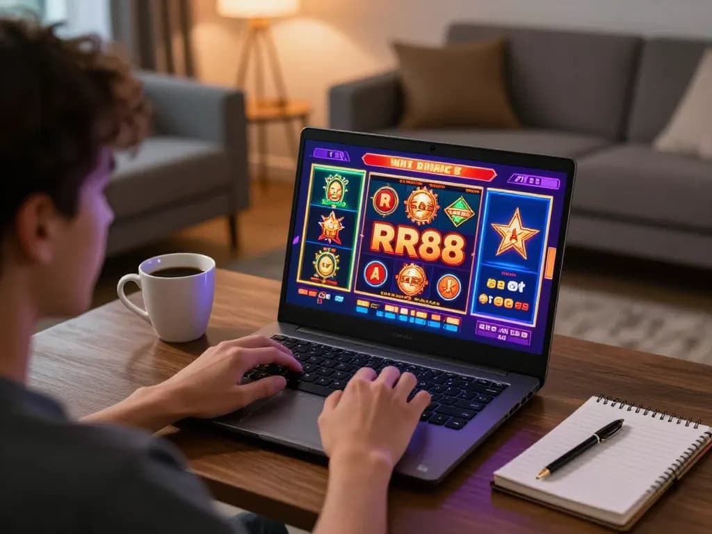 Engaging scene of a player enjoying RR88 online casino games from a cozy living room.