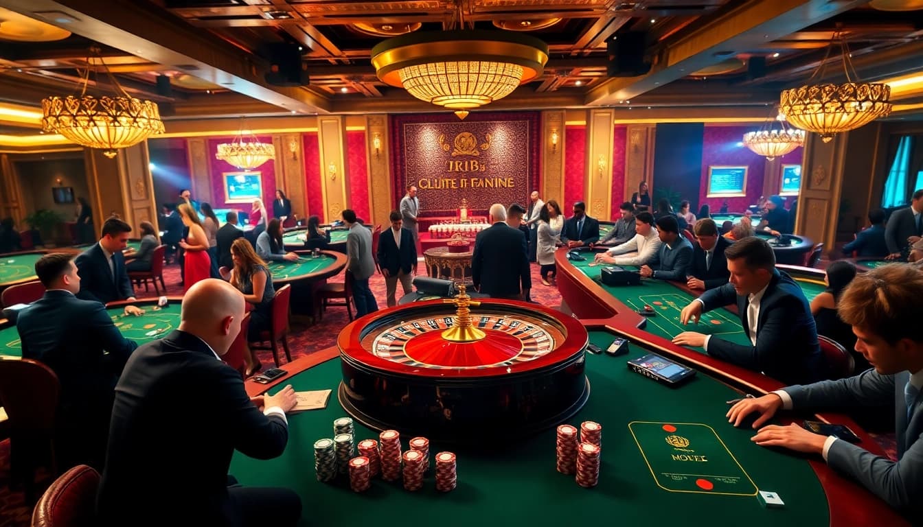 Hitclub players strategizing at a vibrant casino table with chips and cards.