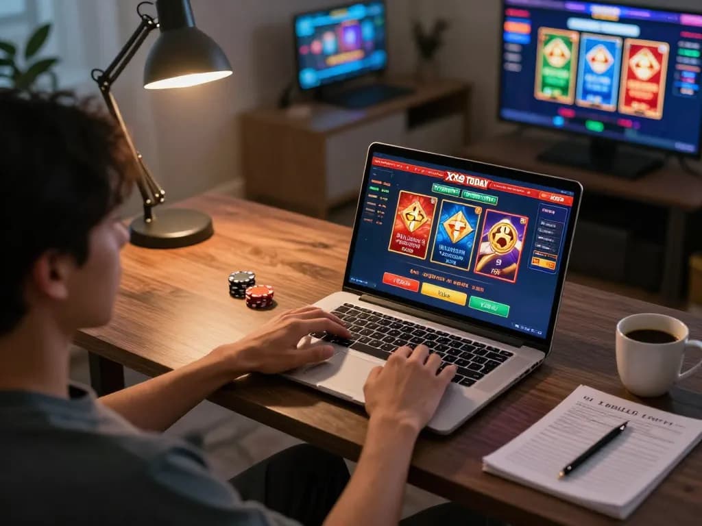 Experience online gambling with XX88 TODAY on a laptop surrounded by gaming notes