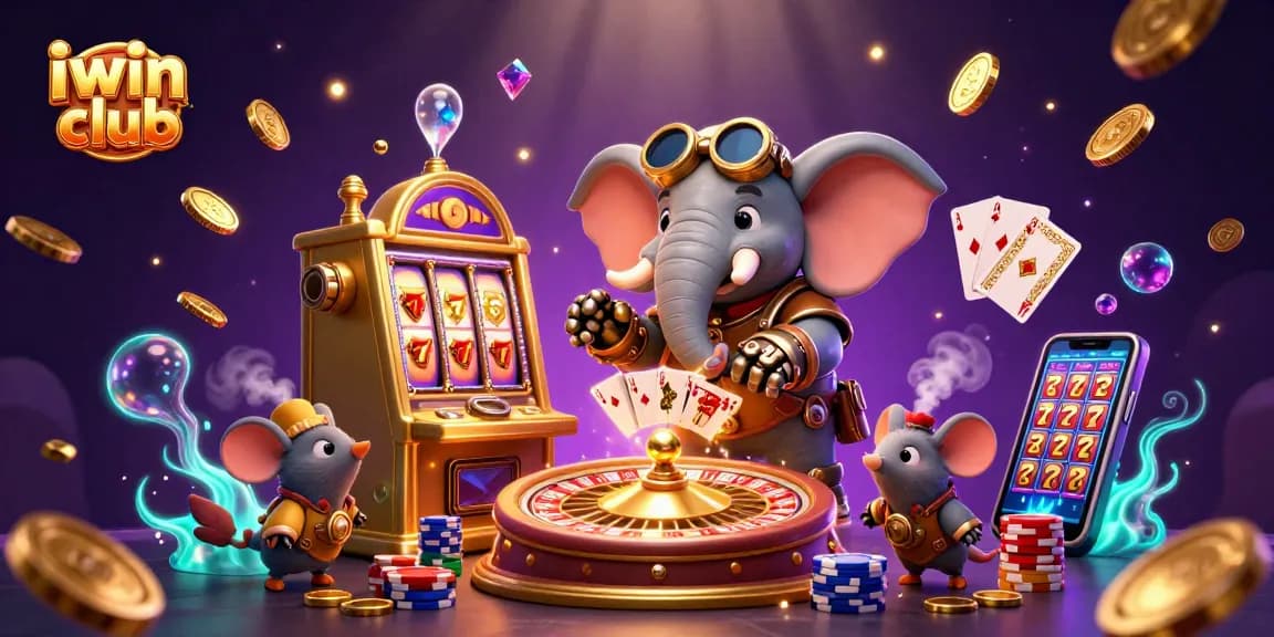 Play thrilling games at iwin club featuring a steampunk elephant and casino elements in vivid detail.