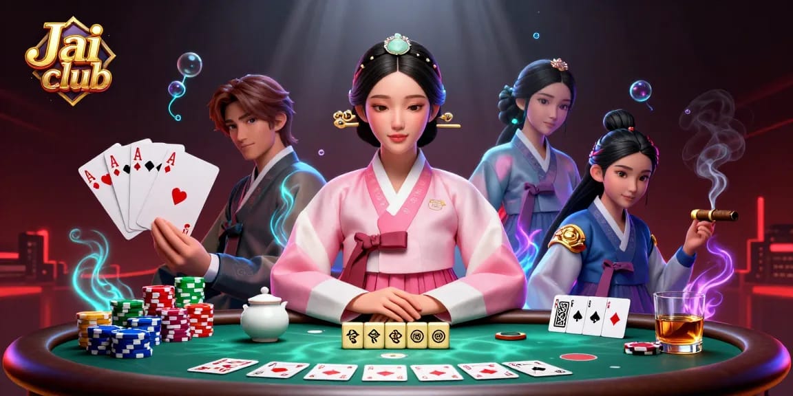 Jai club showcases dynamic poker gameplay with colorful chips and serene Asian elegance.