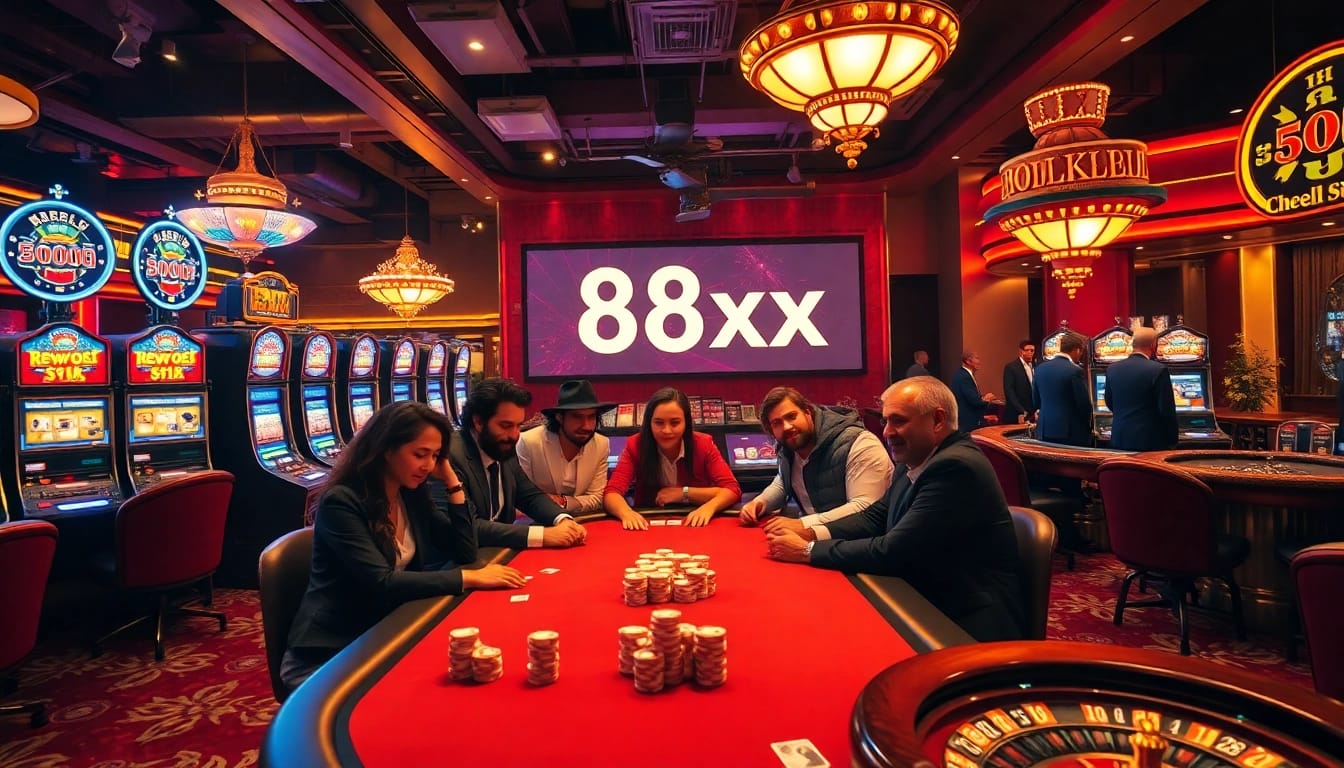 Players enjoying a thrilling poker game at a luxurious casino featuring 88xx elements and colorful chips.