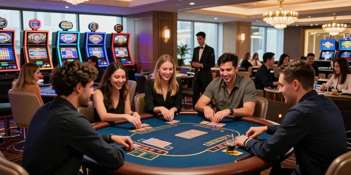 Exciting social scene at iwin gaming tables in upscale lounge.