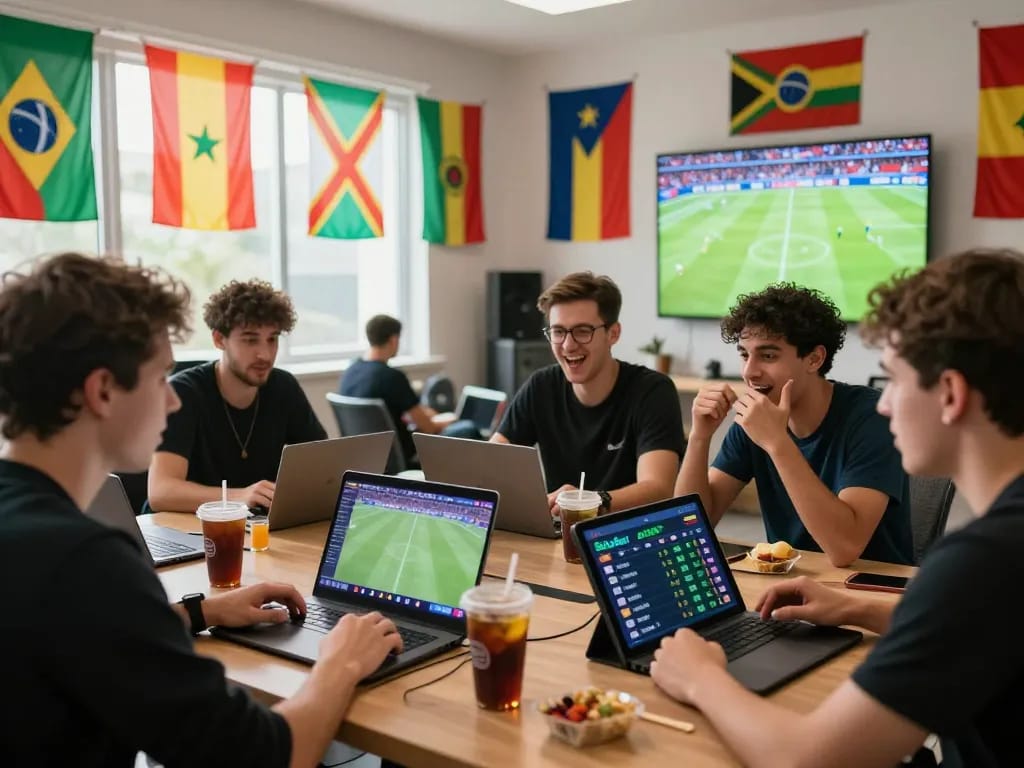 Menariknya adegan taruhan sbobet piala dunia dengan teman-teman yang mendiskusikan peluang langsung dan sorotan pertandingan.
