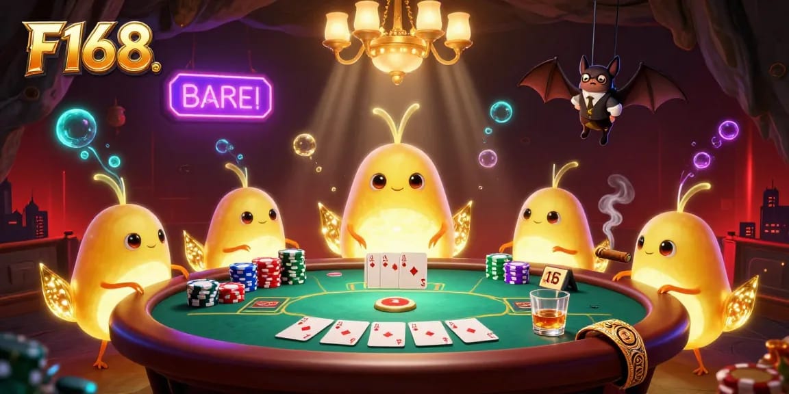 Experience the glowing thrill of F168's cave casino with vibrant glowworms, poker elements, and a unique bat dealer.