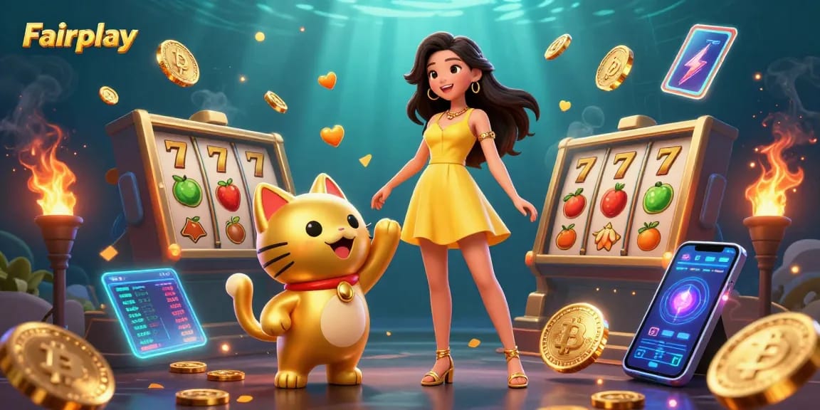 Experience Fairplay thrills with vibrant slot games and blockchain excitement in this colorful casino scene.