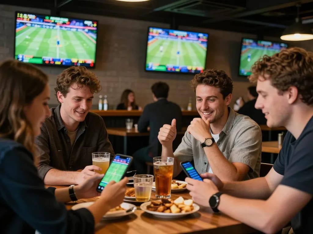 vaobet players enthusiastically engage in sports betting strategy discussions in a vibrant sports bar