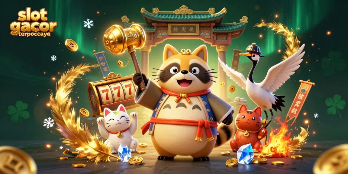 Slot gacor terpercaya menampilkan ilustrasi kasino anime dengan tanuki beruntung dan elemen permainan slot yang menarik.