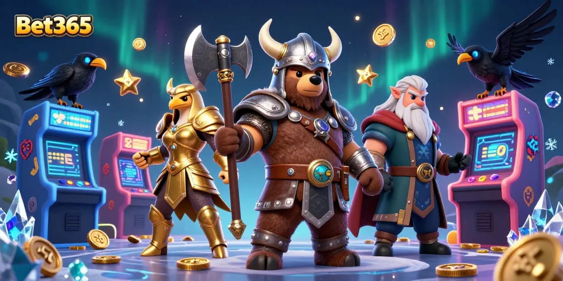 Engage in thrilling games with Bet365, featuring a Viking bear and Valkyrie eagle in dynamic casino action.