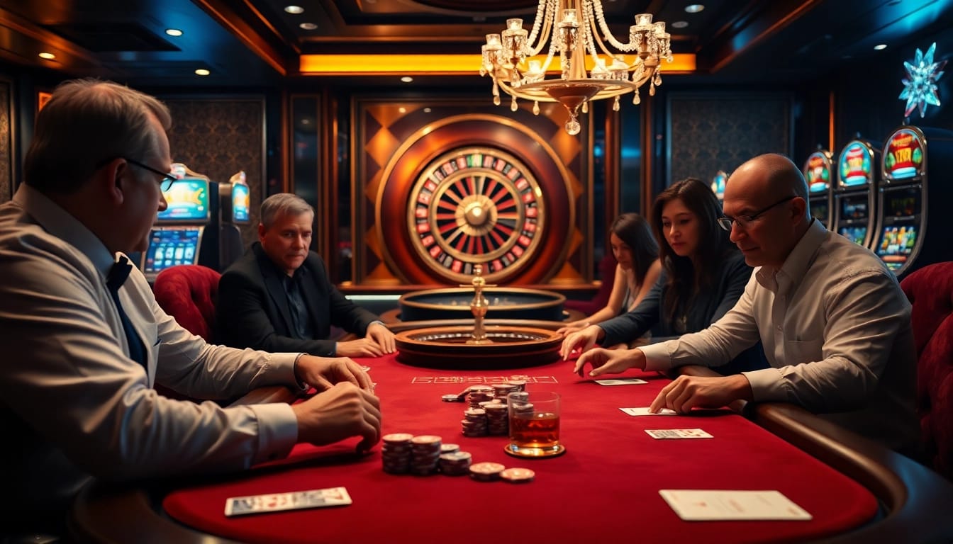 Players engaging in a high-stakes game at a shbet casino poker table, showcasing vivid chips and cards.