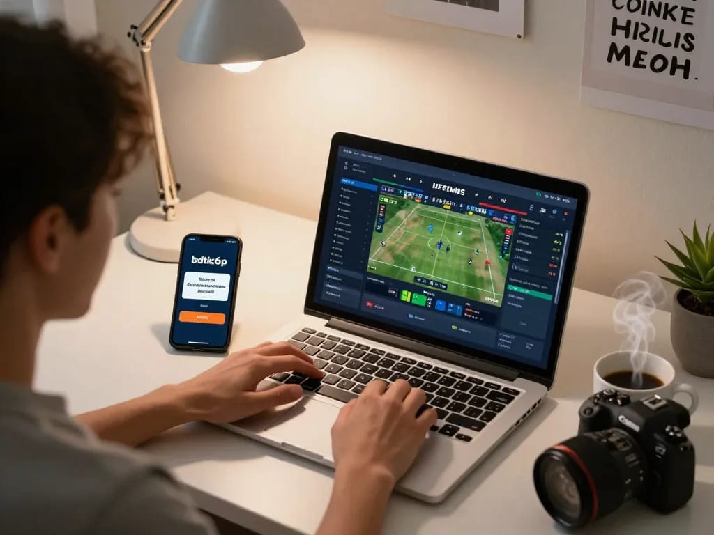 Engaging in online sports betting on bdtk66 app with a laptop and smartphone in a cozy home office