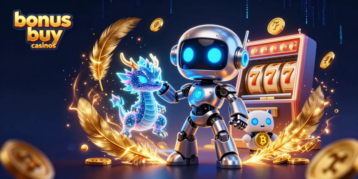 Engaging scene showcasing bonus buy casinos with a cyberpunk robot, an AI dragon, and a drone amid swirling golden particles and slot reels.