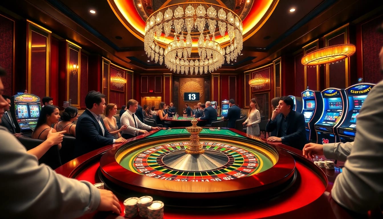 Players enjoying high-stakes games at the vibrant 13win casino, surrounded by luxurious decor.
