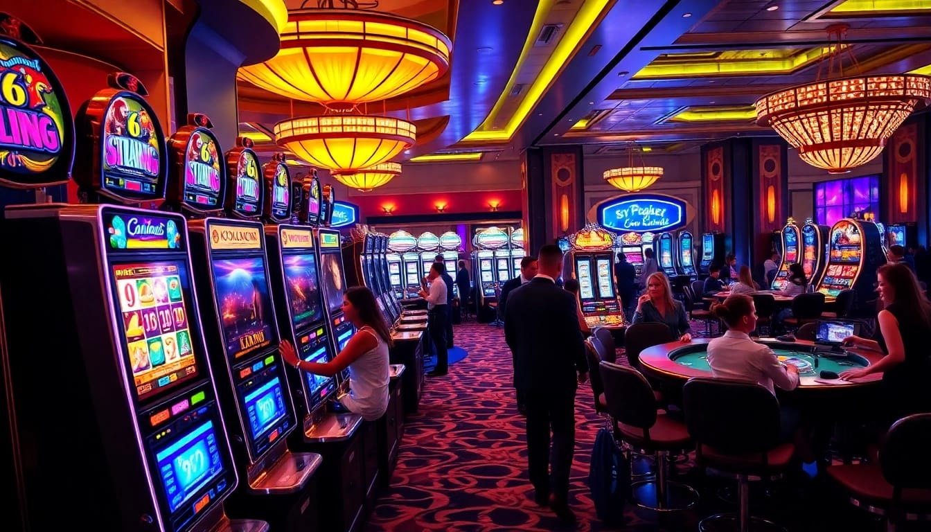 Experience dynamic slot action with vibrant machines and excited players celebrating wins.