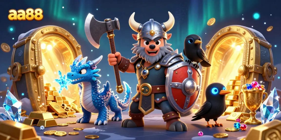 Join the adventure with aa88 as a Viking wolf warrior battles for treasure in a magical scene.