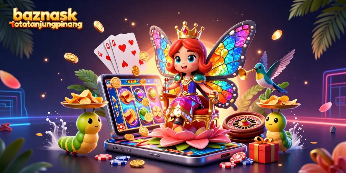 Engage with baznaskotatanjungpinang's thrilling casino adventure featuring a colorful butterfly queen and vibrant game elements.