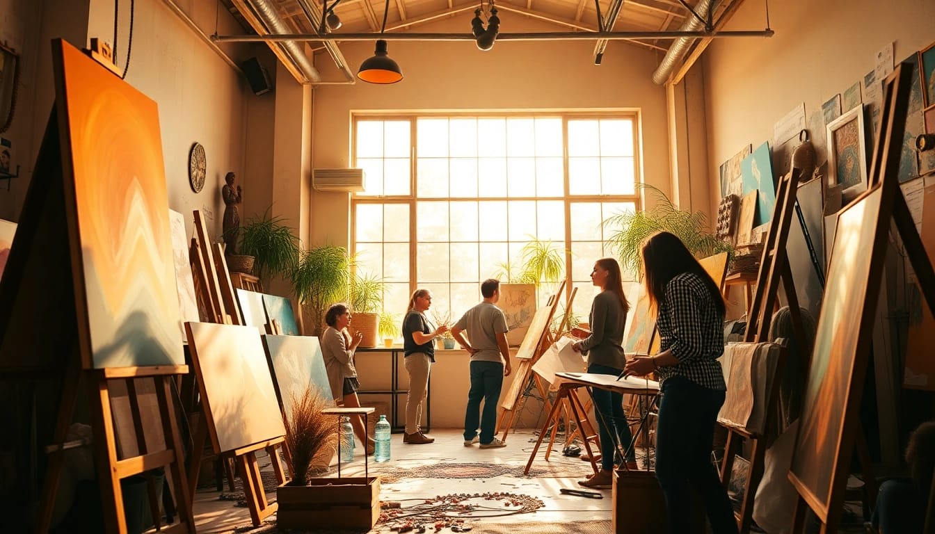 Escena de colaboración artística inspirada en antidogma.mx que muestra artistas diversos y creatividad vibrante.