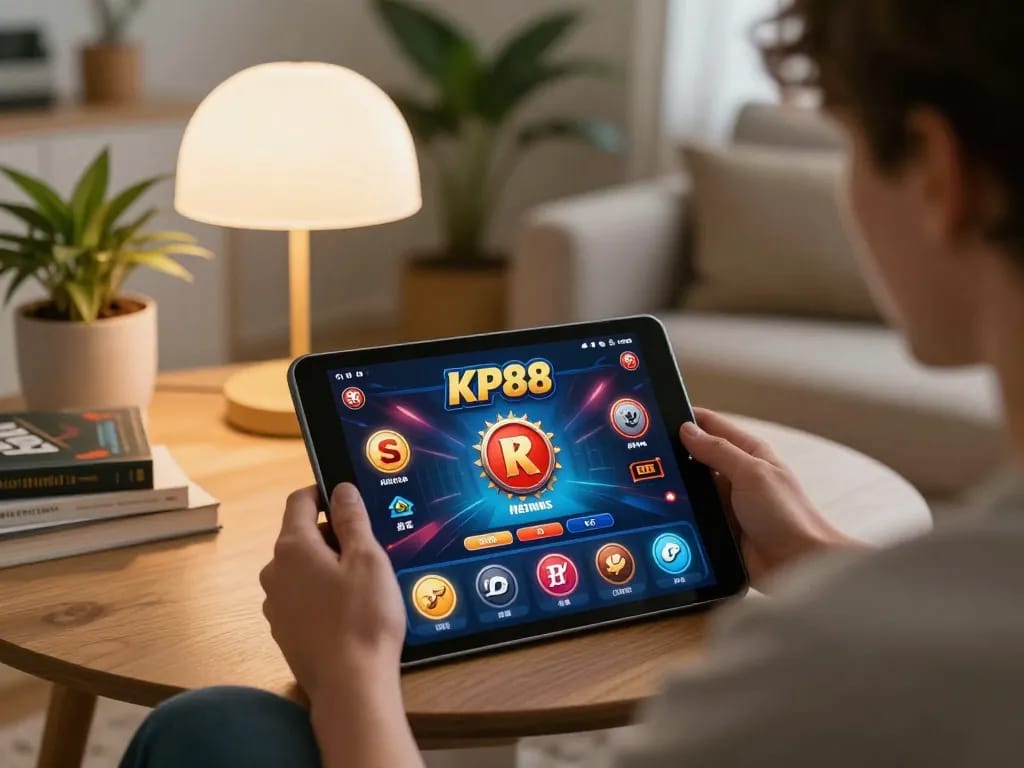 Engaging online session with KP88 đăng nhâp on tablet, showcasing a focused player enjoying casino games in a cozy environment.