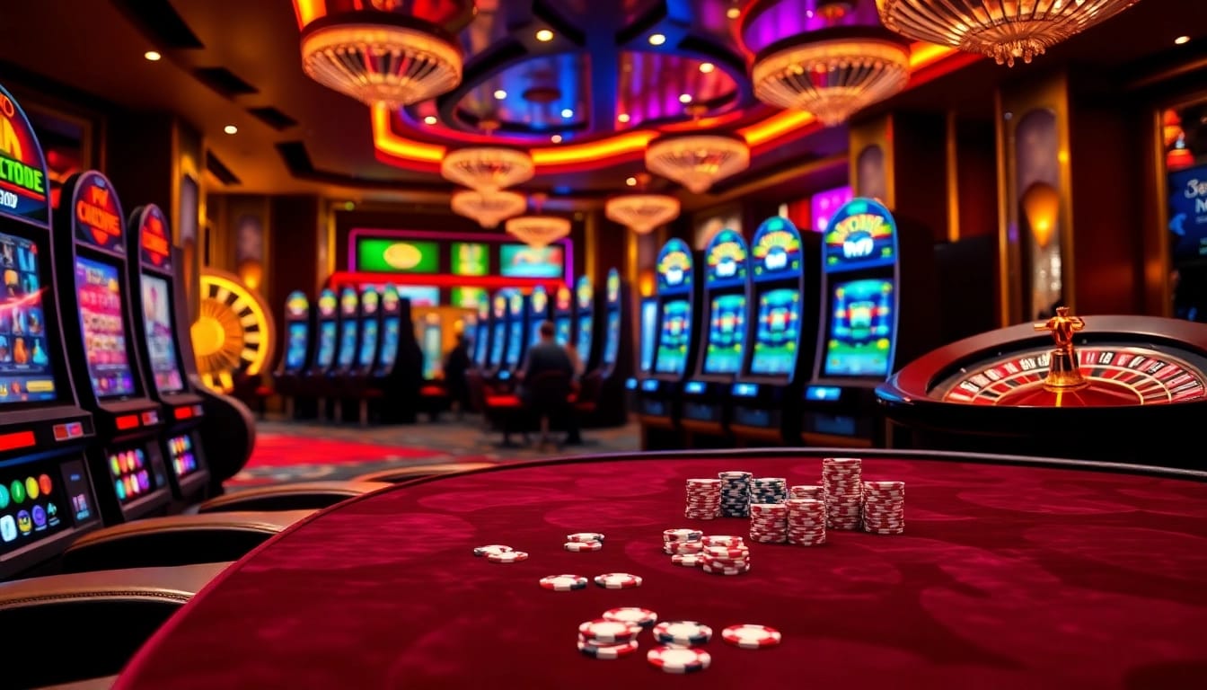 Experience the excitement of IDN slot gaming with colorful slot machines and a roulette wheel.