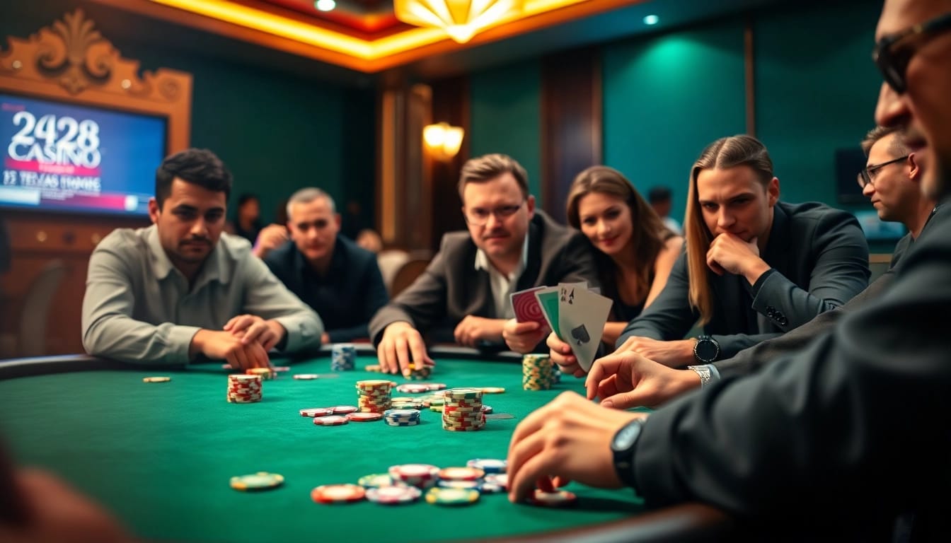Engaging poker game moment showcasing players at a Texas Hold'em table surrounded by vibrant chips and cards.