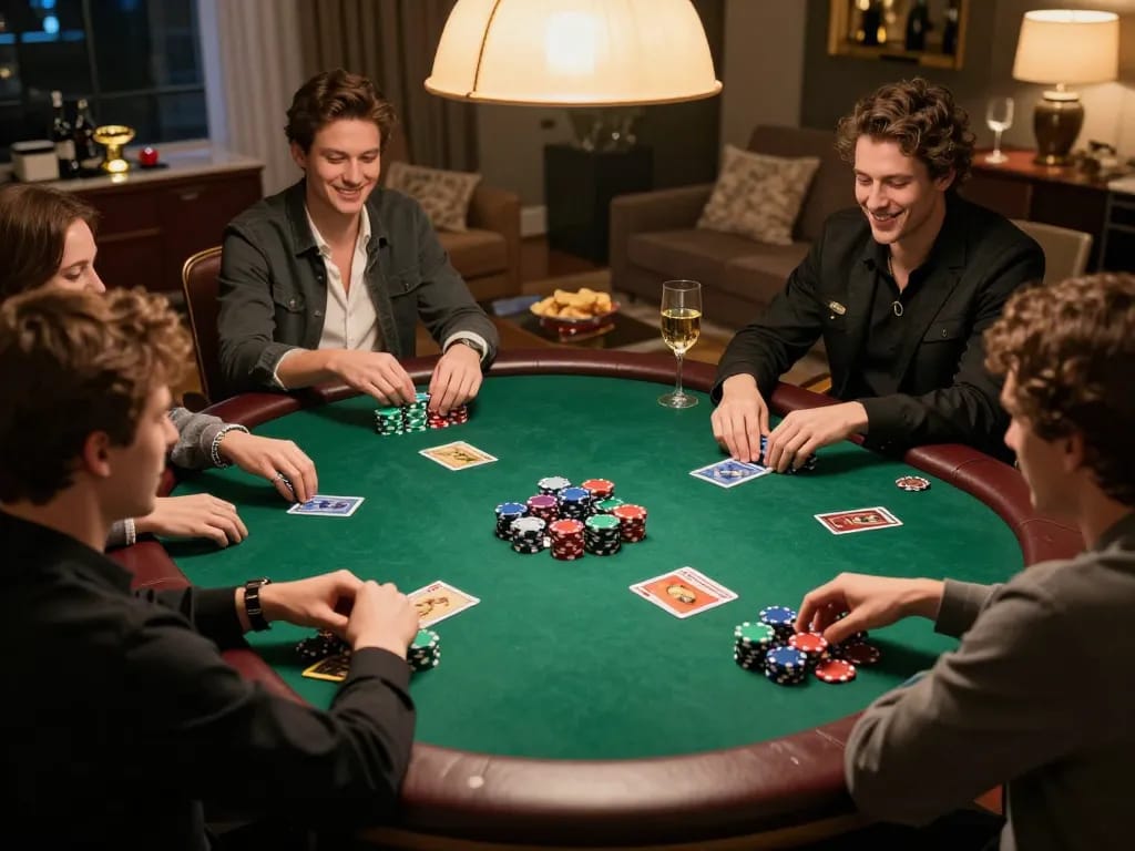 Players engaged in a lively poker game at home, showcasing 789club's social gambling experience.