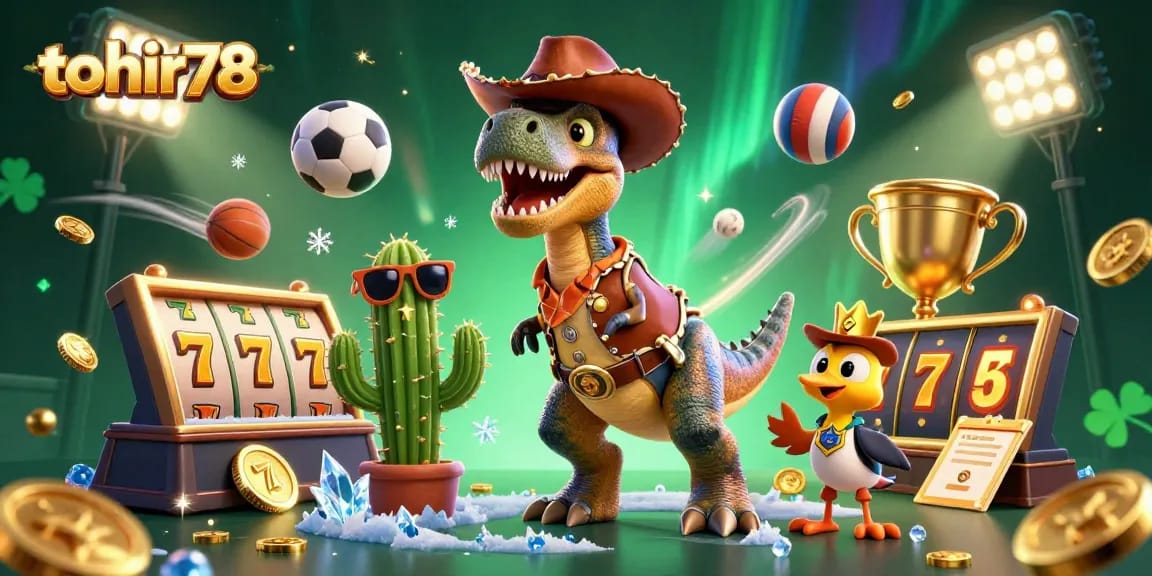 Permainan slot gacor mengasyikkan di tohir78 dengan karakter dinosaur cowboy dan elemen kasino menarik.