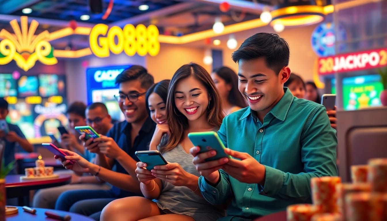 Tải GO88 in an inviting digital gaming atmosphere with diverse players enjoying various games