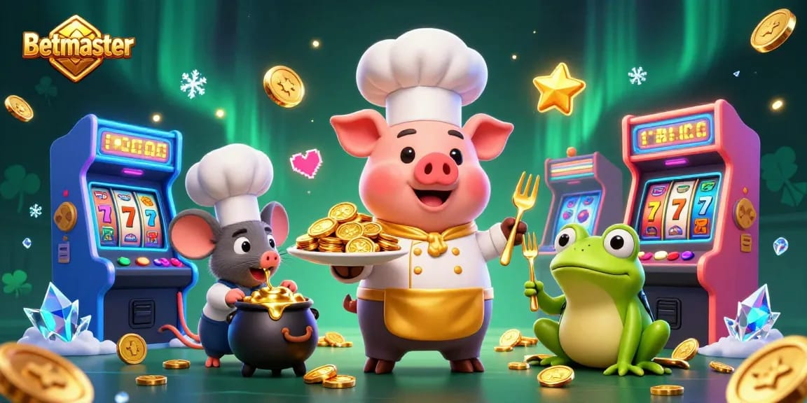 Experience the thrill of Betmaster as a chef pig serves gold coins among vibrant casino games.