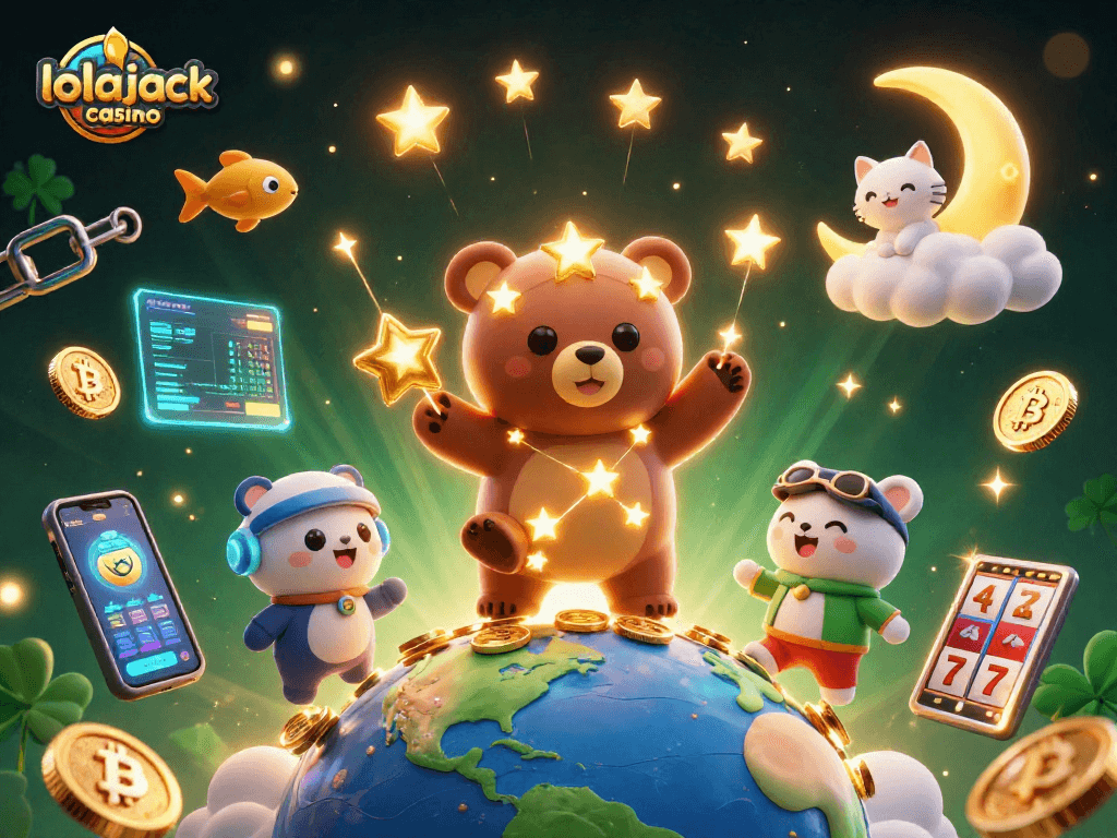 Engage with lolajack casino's rich world of gaming, featuring a cosmic bear and vibrant slot elements.