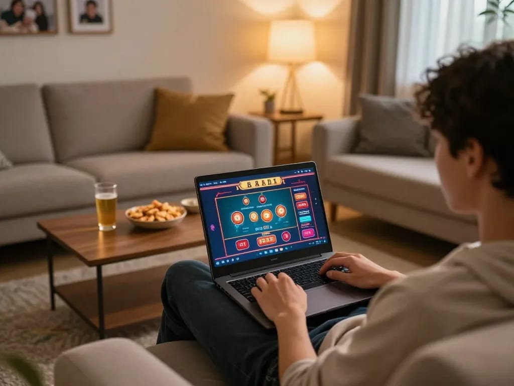 Player enjoying the nhà cái 388bet online casino experience on a laptop at home, showcasing a friendly atmosphere.