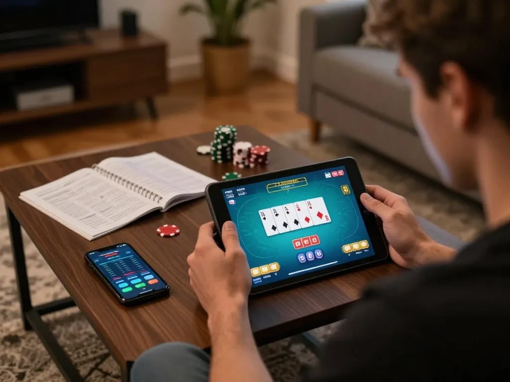 Player strategically engaging in LV88 online poker, showcasing immersive home gaming setup