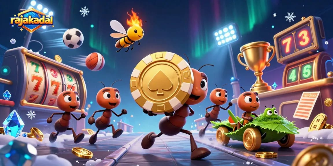 Permainan slot di rajakadal terlihat dengan ilustrasi tim semut mencuri chip emas, menambahkan keseruan!