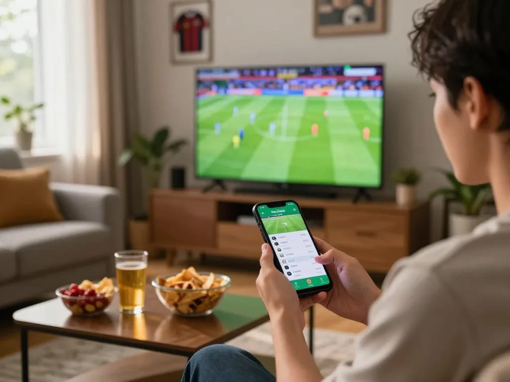 Engaging in kèo bóng đá trực tuyến sports betting while enjoying a live match at home with snacks and drinks.