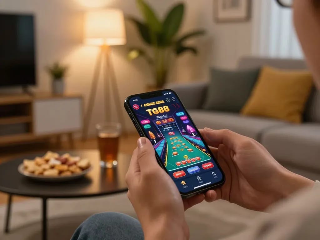 TG88 players enjoying live casino gaming on mobile in a cozy home setting with snacks and drinks.