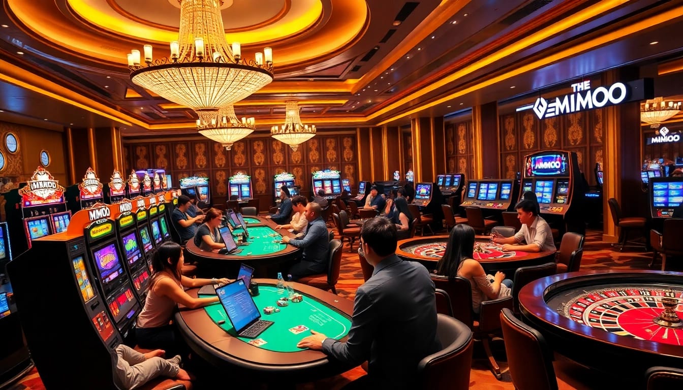 Experience the excitement at MMOO casino with vibrant gaming tables and slot machines.