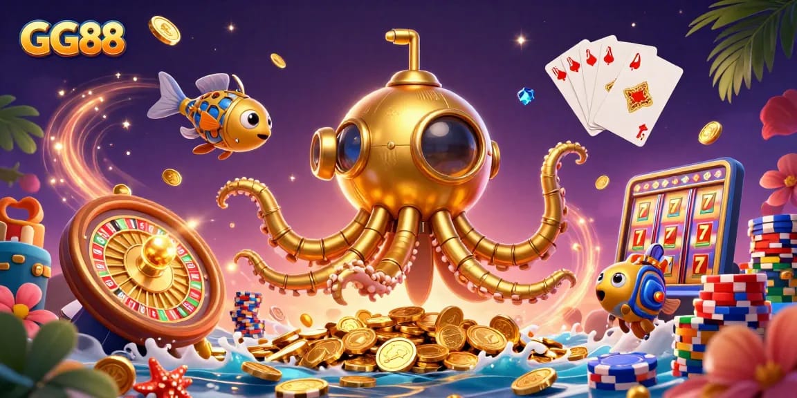 Play with GG88 as the golden kraken submarine emerges from coins, creating a vibrant casino atmosphere.