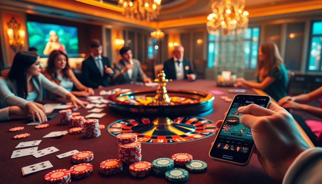 Rikvip players enjoying an exciting casino atmosphere with poker chips and vibrant gameplay.