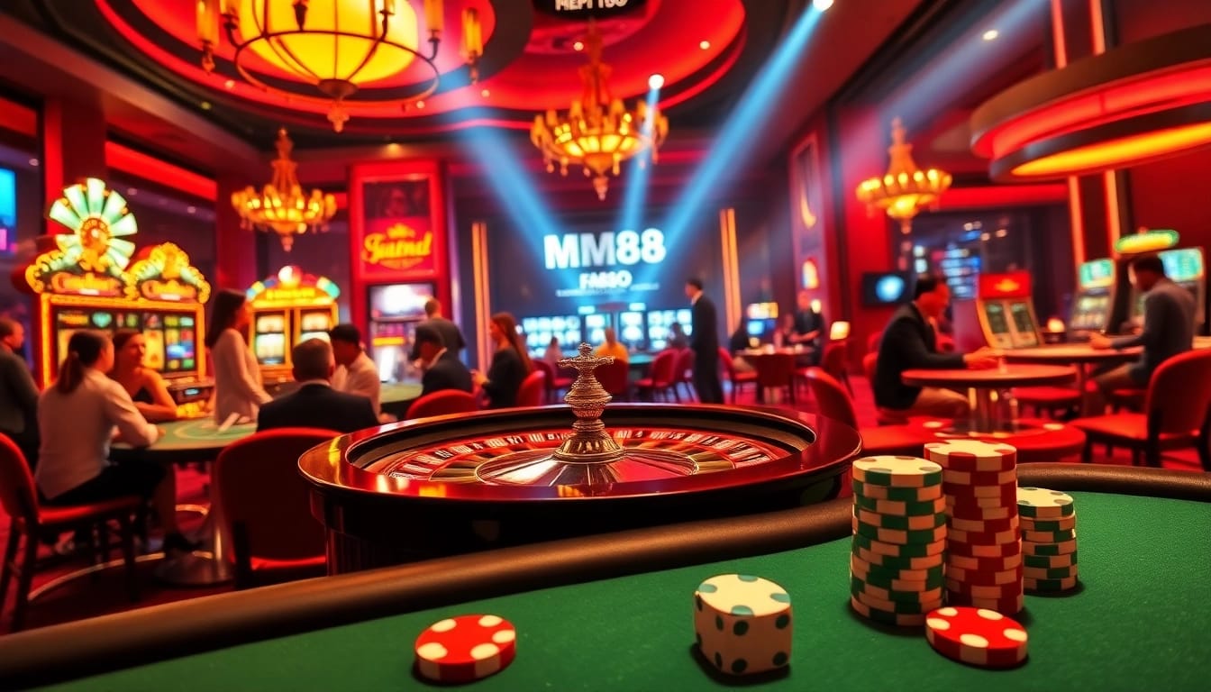 Active players enjoying a luxurious game at MM88 casino, with roulette and slot machines prominently featured.