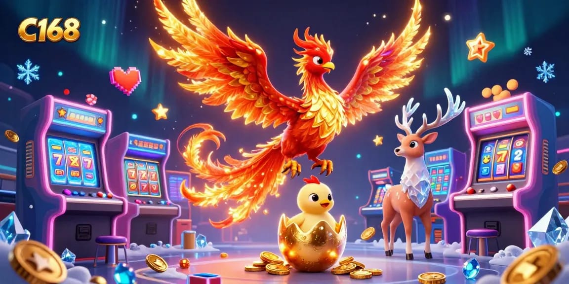 C168 showcases vibrant 3D phoenix and stag with slots, jackpot elements, and gaming excitement.