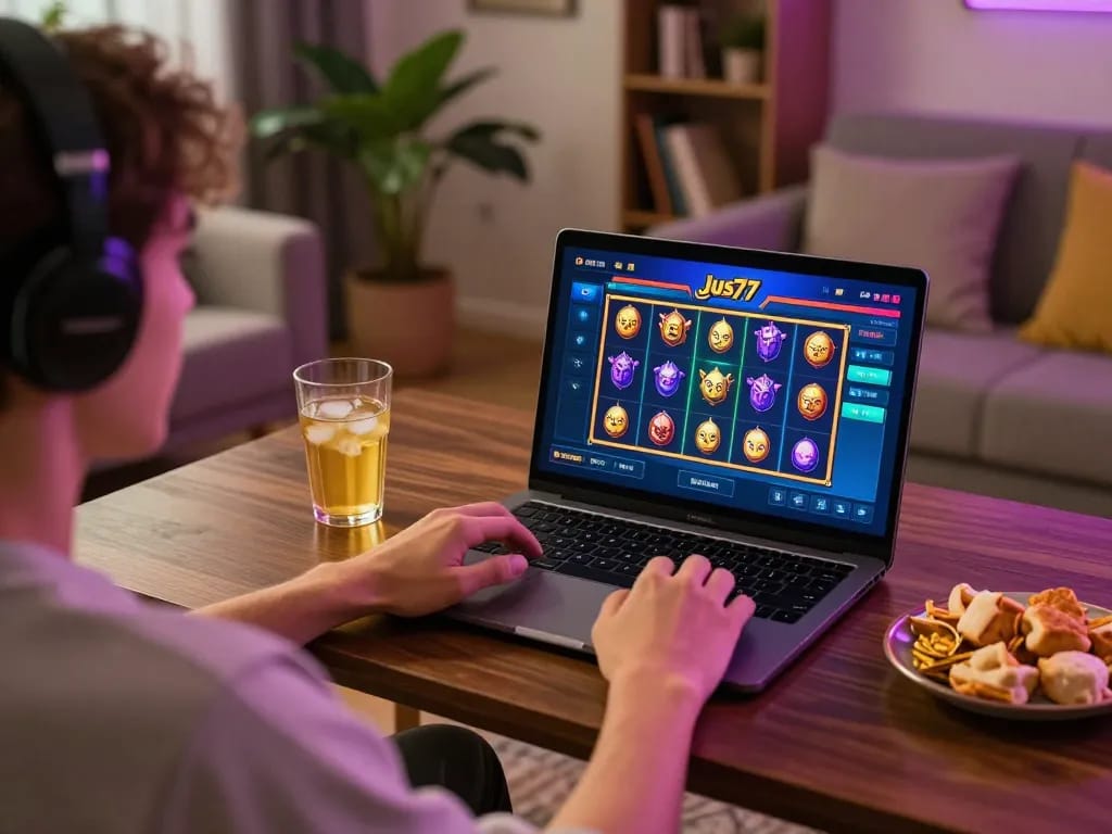 Engaging in vibrant online gaming on Jus77 featuring colorful slots in a cozy home setting.