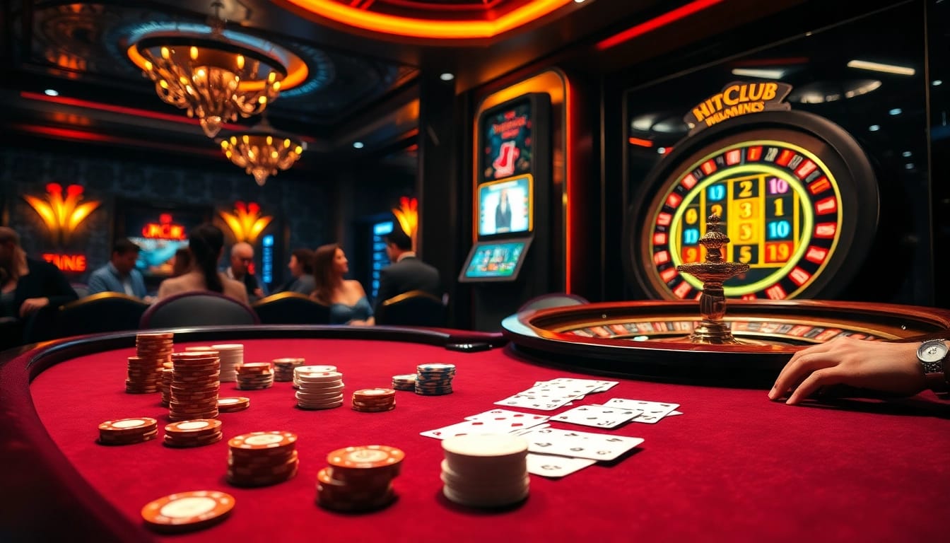 Engage in the excitement of hitclub at a luxurious casino table with vibrant poker chips and glowing cards.