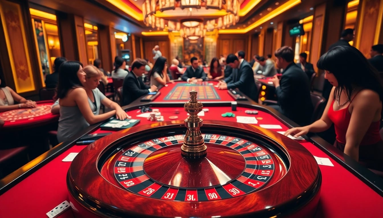 Action-packed scene of Agen Judi Bola players strategizing at a luxury casino table.