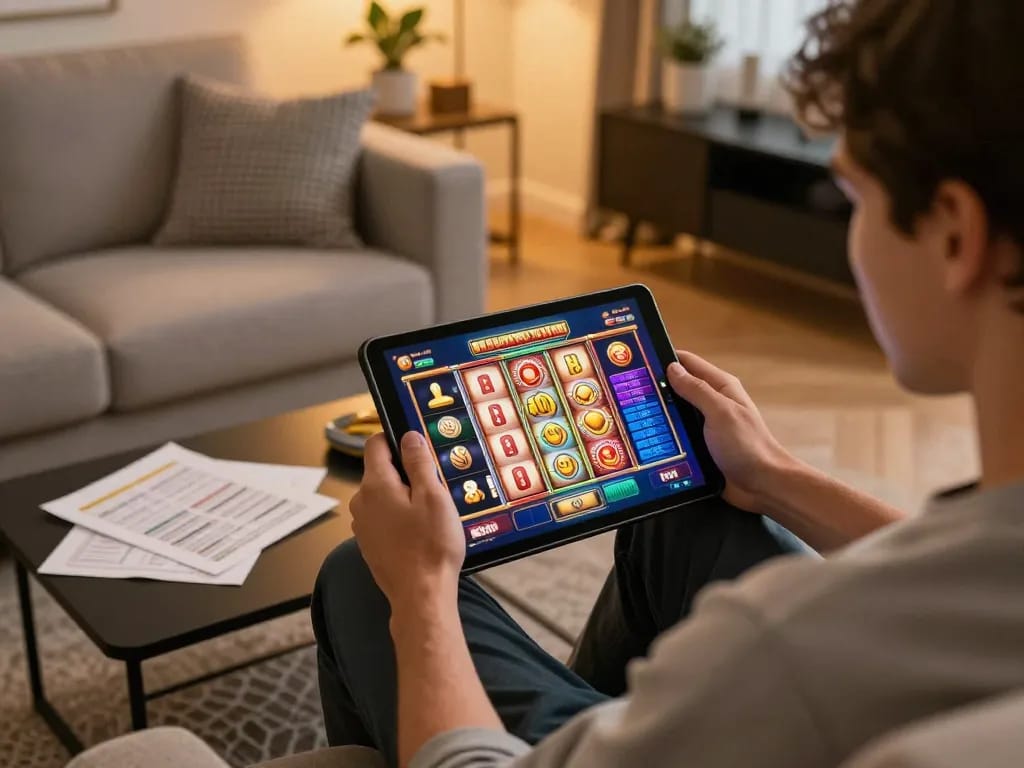 Engaging in situs slot online gaming on a tablet from a cozy home setting with strategy notes