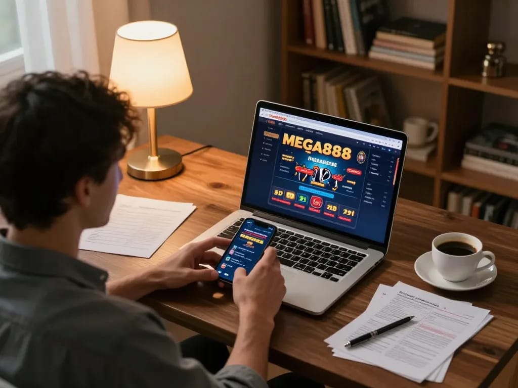 Player using laptop for Mega888 at home, emphasizing responsible gaming with lmhistory.