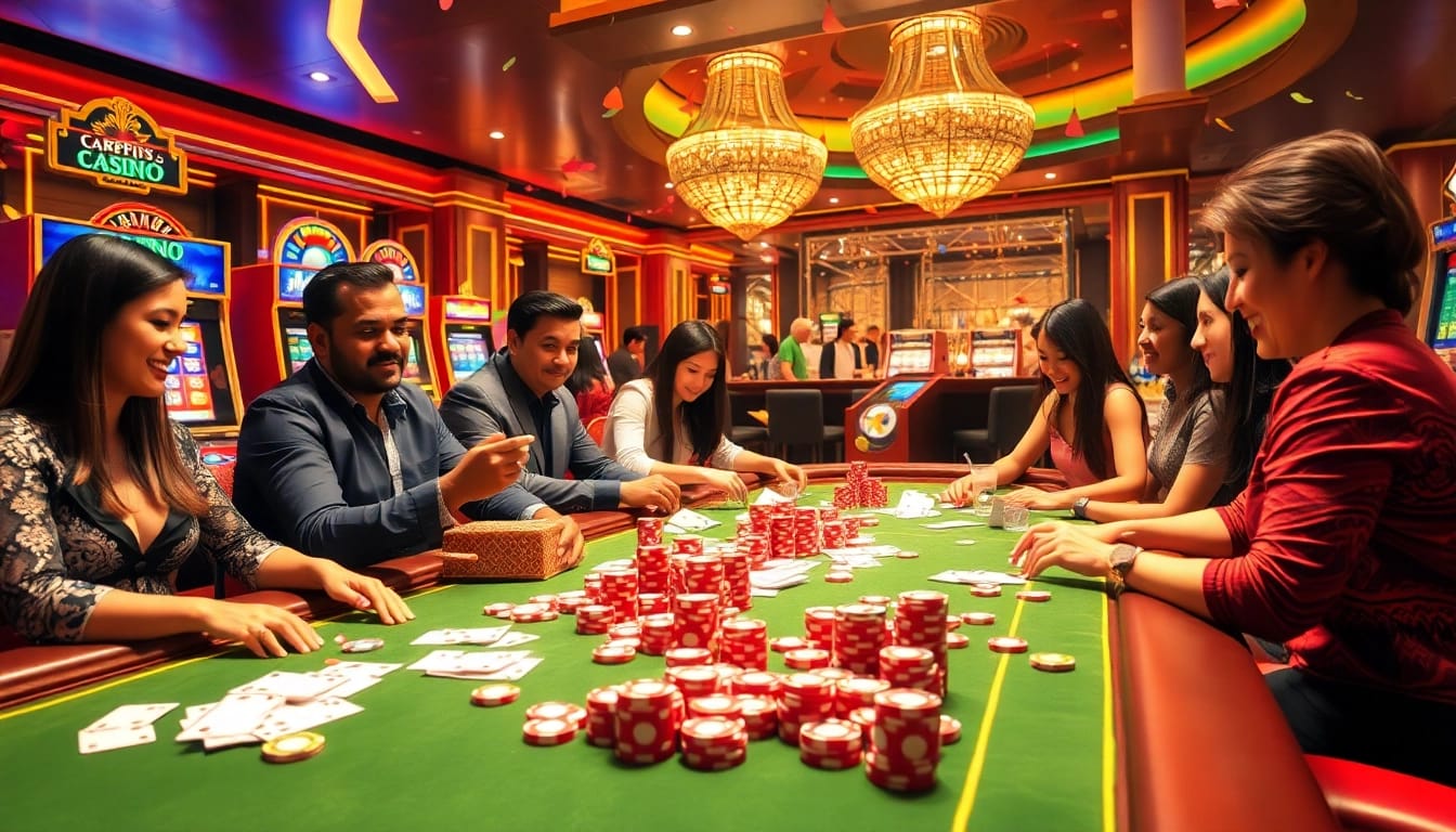 Experience the thrill of ktpjitu alternatif as players enjoy slot machines and casino tables filled with chips.