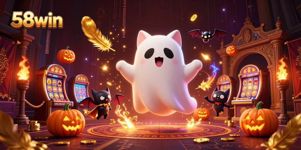 Experience thrilling bets at 58win with a captivating haunted casino scene featuring ghostly characters and vibrant gaming elements.